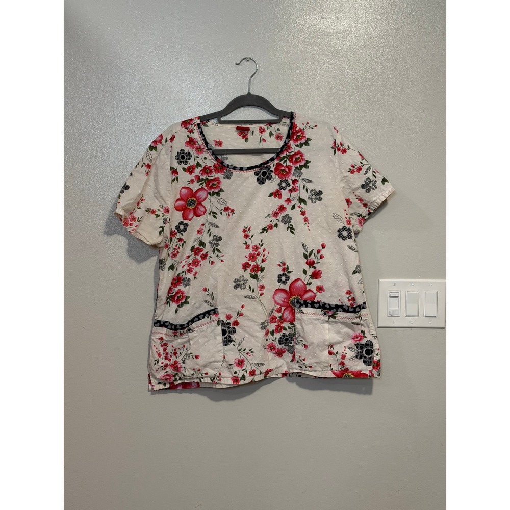 Dickies Floral Swiss Dot Scrub Top White Red Pink Short Sleeve Pockets XL